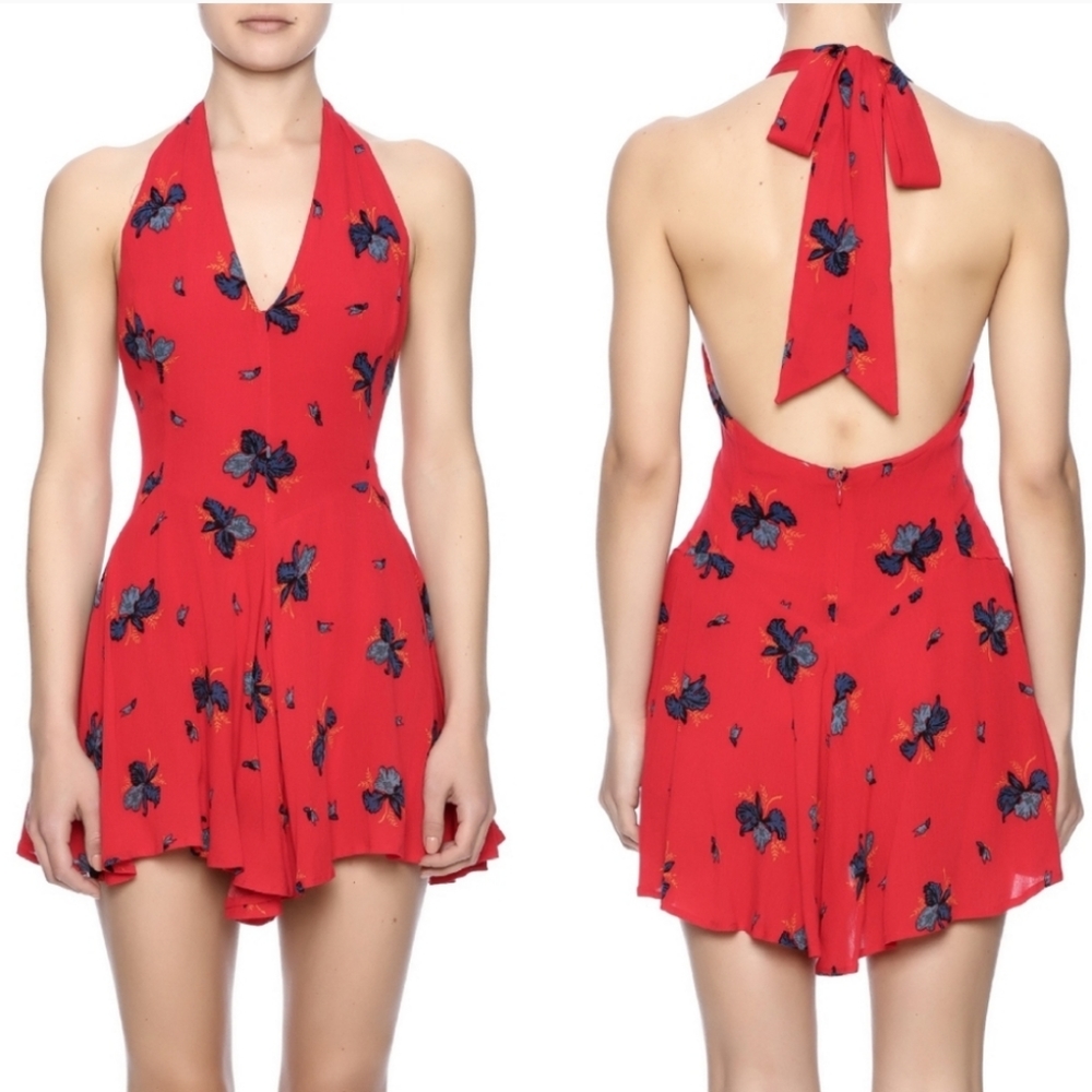 NWT NEW Free People SZ 0 Smooth Talk Red Flower Floral Halter Romper Tropical